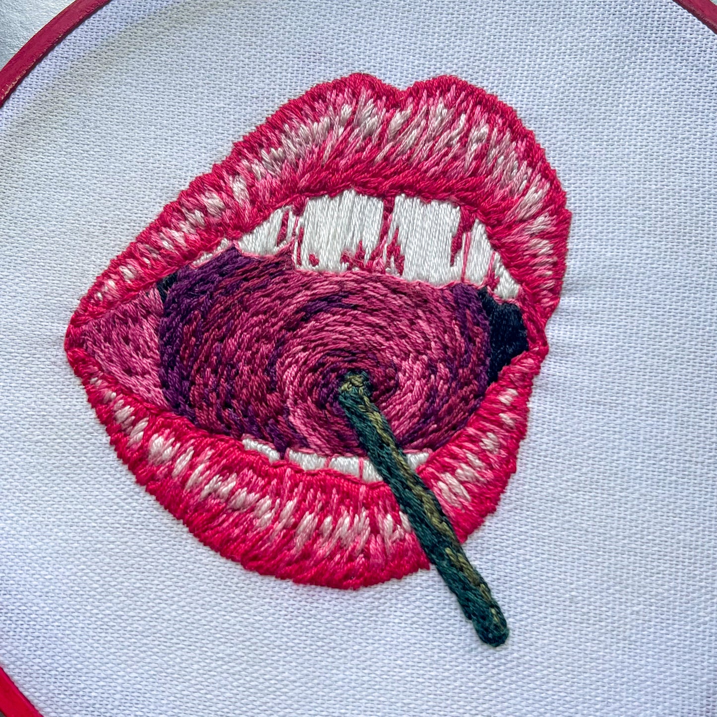 Lips and Cherry Hand Embroidery Hoop